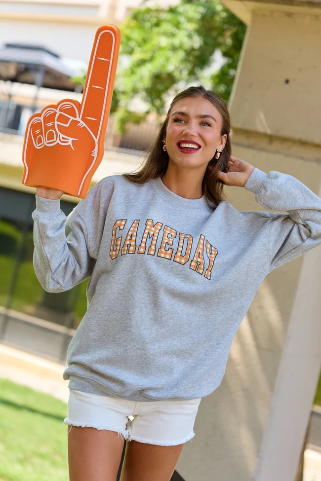 Gameday Orange Gingham Light Grey Graphic Sweatshirt | Pink Lily