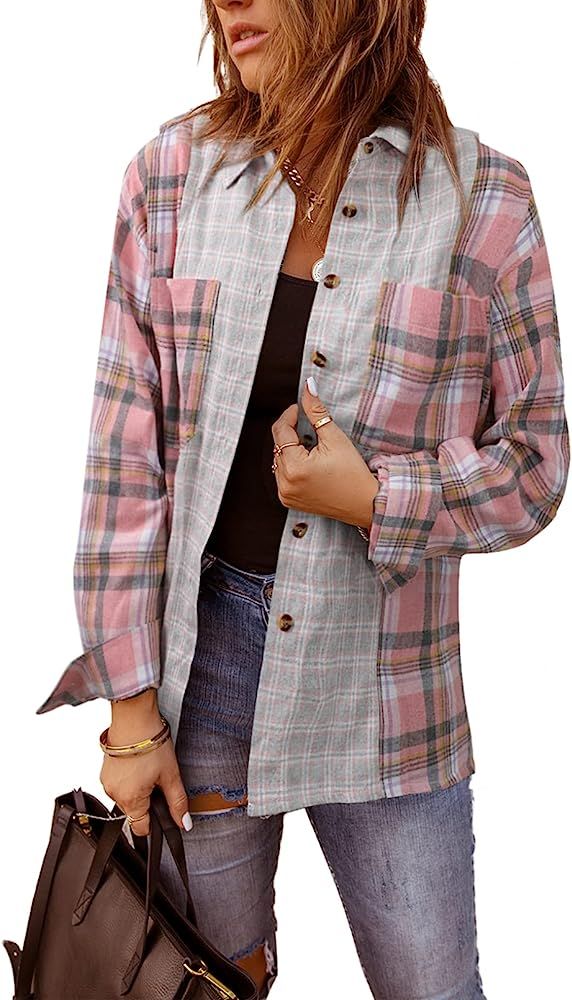 Sidefeel Womens Long Sleeve Color Block Button Down Plaid Shirt Oversized Blouses Tops | Amazon (US)