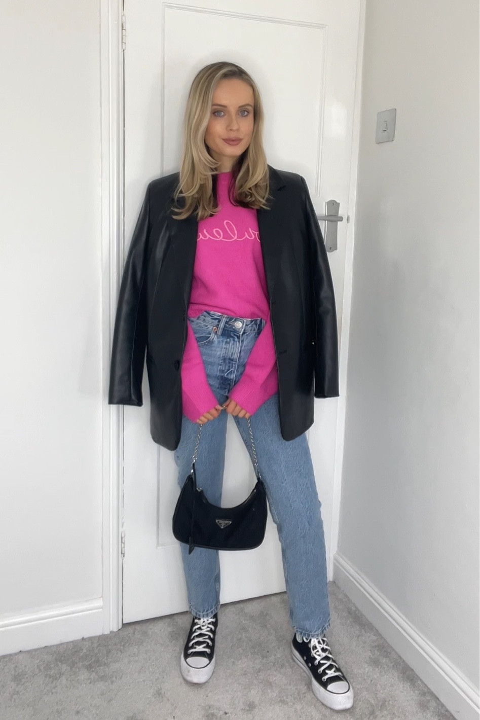 Blazer and jeans are old Zara (linked alternatives)

Pink jumper denim mom jeans black faux leather blazer black chuck hi platform converses 
H&M jumper transitional style casual outfit transitional outfit spring style spring fashion minimalist outfit easy fashion 


#LTKeurope #LTKSeasonal #LTKunder100