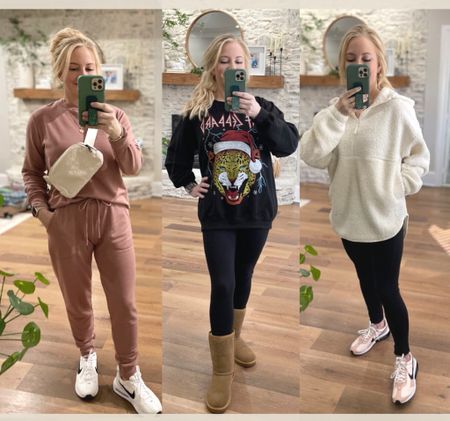 Comfiest outfits for school drop offs, Christmas shopping, or lounging around the house.🏡 

Matching set, sweatshirt, sweatpants, Christmas shirt, Christmas outfit, weekend outfit, leggings, boots, sneakers, Nike, Sherpa pullover, best sellers


#LTKshoecrush #LTKHoliday #LTKsalealert