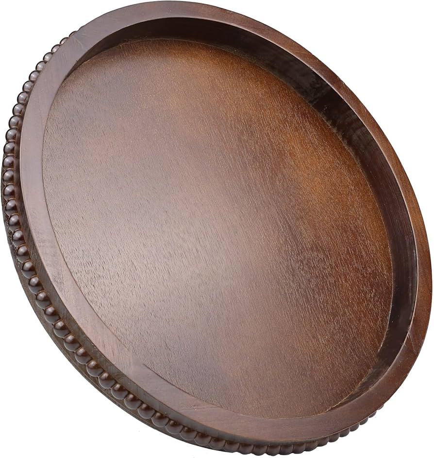 Wood Decorative Serving Tray with Bead, Round Vintage Wooden Ottoman Tray for Home Centerpiece, C... | Amazon (US)