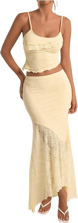 Milumia Women's 2 Piece Outfits Ruffle Trim Cami Crop Top and Low Rise Maxi Skirt Set | Amazon (US)