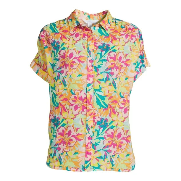 Time and Tru Women's Roll Cuff Button-Down Shirt | Walmart (US)