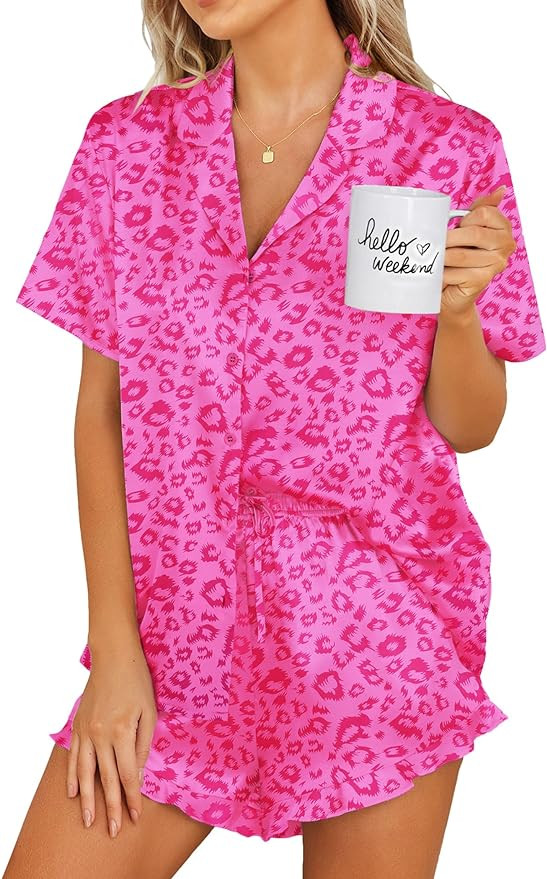 Ekouaer Womens Satin Pajamas Set Button Down 2 Piece Silk Pjs Shorts Set Ruffle Lingerie Notch Co... | Amazon (US)
