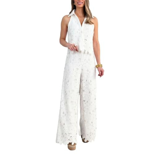 Lace Two Piece Outfits for Women Eyelet Floral Lapel Vest Top and Wide Leg Lace Pants Set Cropped Vest and Pants Set Dressy (White,2XL) | Amazon (US)