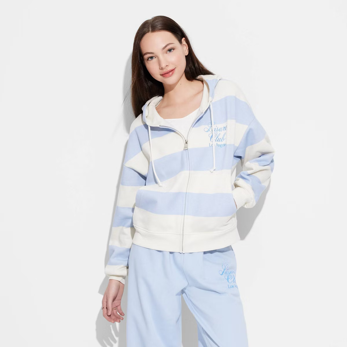 Women's Leisure Zip-Up Striped Graphic Hoodie Sweatshirt - Blue | Target