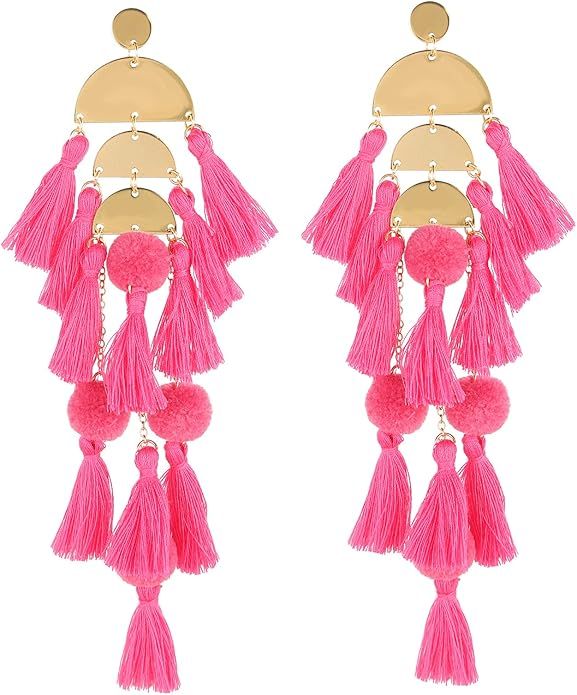 Long Tassel Earrings for Women - Colorful Large Statement Earrings Bohemian Earrings Hawaiian Sum... | Amazon (US)