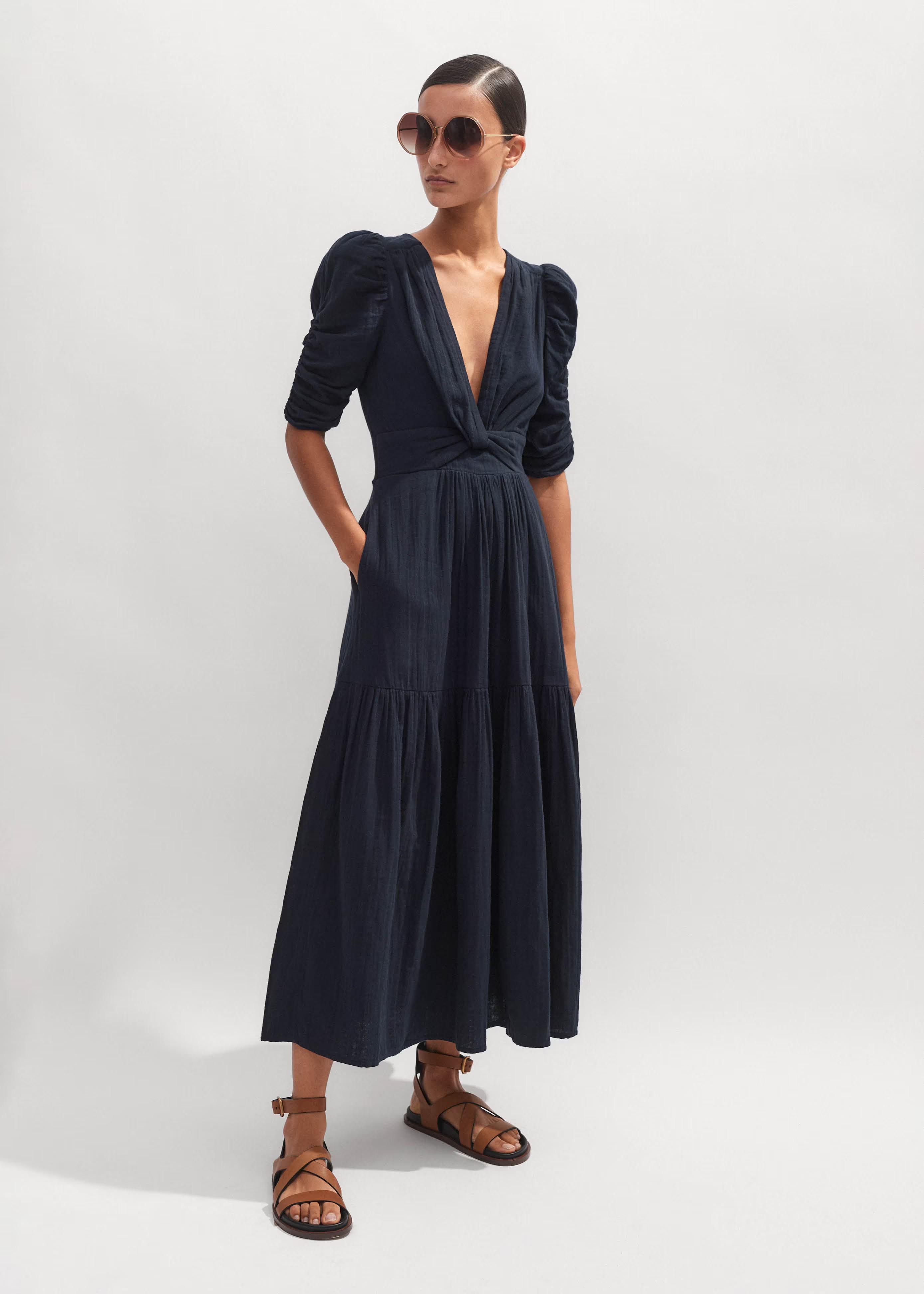 Women's Navy Cheesecloth Gathered Sleeve Maxi Dress | ME+EM | ME+EM US