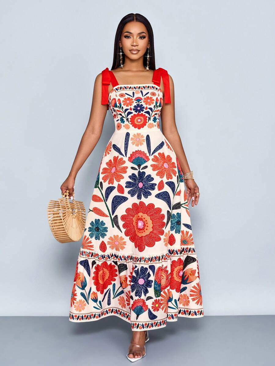 SOLERSUN Women Spring Summer Casual Vintage Floral Printed Sleeveless Gathered Waist A-Line Flora... | SHEIN