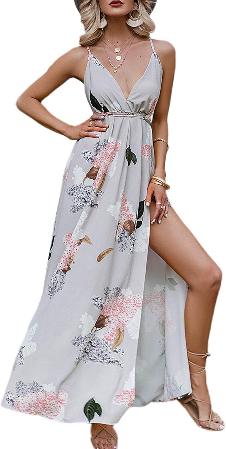 Simplee Women's Deep V Neck Backless Spaghetti Strap Floral Casual Maxi Dress | Amazon (US)