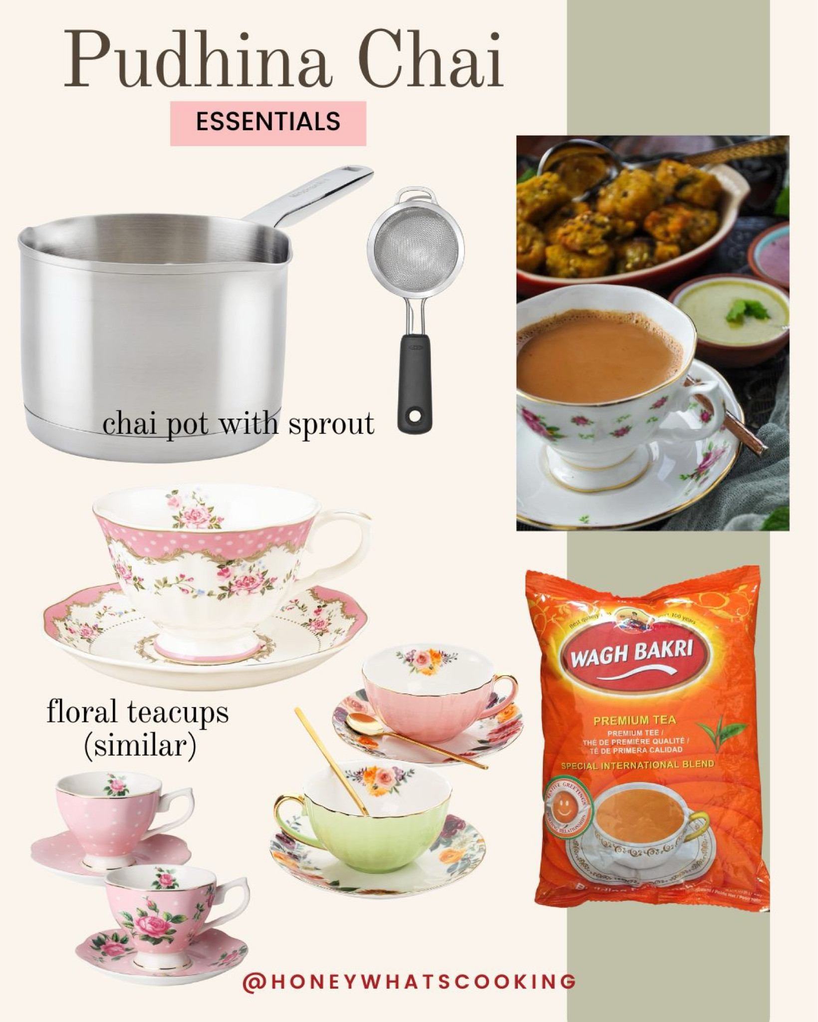 Mint chai / masala chai essentials. I love these Amazon floral teacups. I can’t find the exact match but linking a few similar options. My fave chai brand - wagh Bakri. And also linking a chai pot and strainer. 

#LTKfindsunder50 #LTKhome