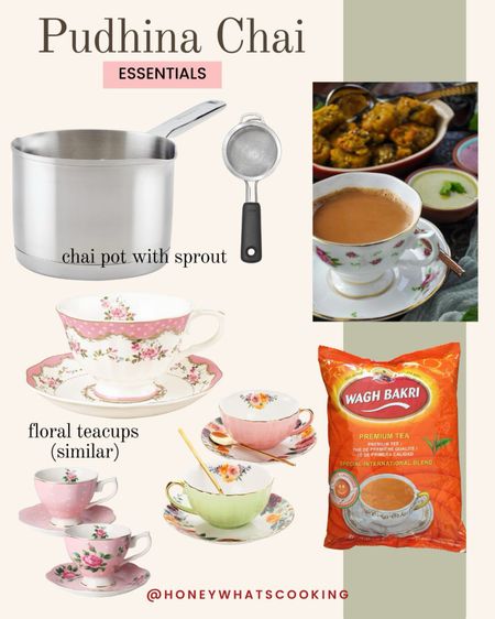 Mint chai / masala chai essentials. I love these Amazon floral teacups. I can’t find the exact match but linking a few similar options. My fave chai brand - wagh Bakri. And also linking a chai pot and strainer. 

#LTKfindsunder50 #LTKhome
