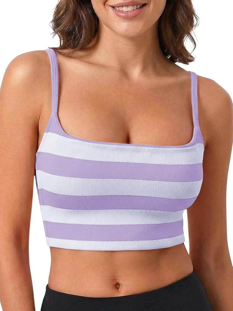 Aoysky Womens Striped Square Neck Sports Bra Ribbed Workout Yoga Camisole | Amazon (US)