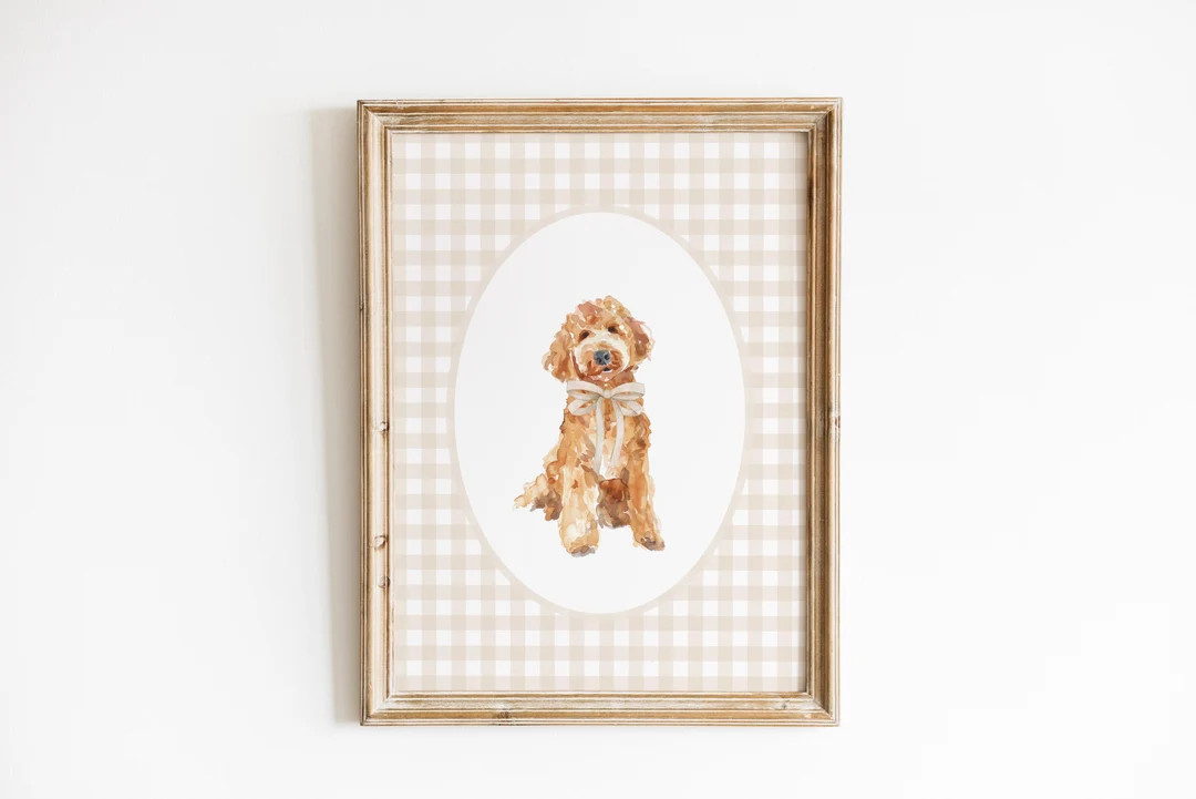 Golden Doodle Nursery Decor, Watercolor Dog Print, Neutral Nursery, Boy Gingham Wall Print, Tan B... | Etsy (US)