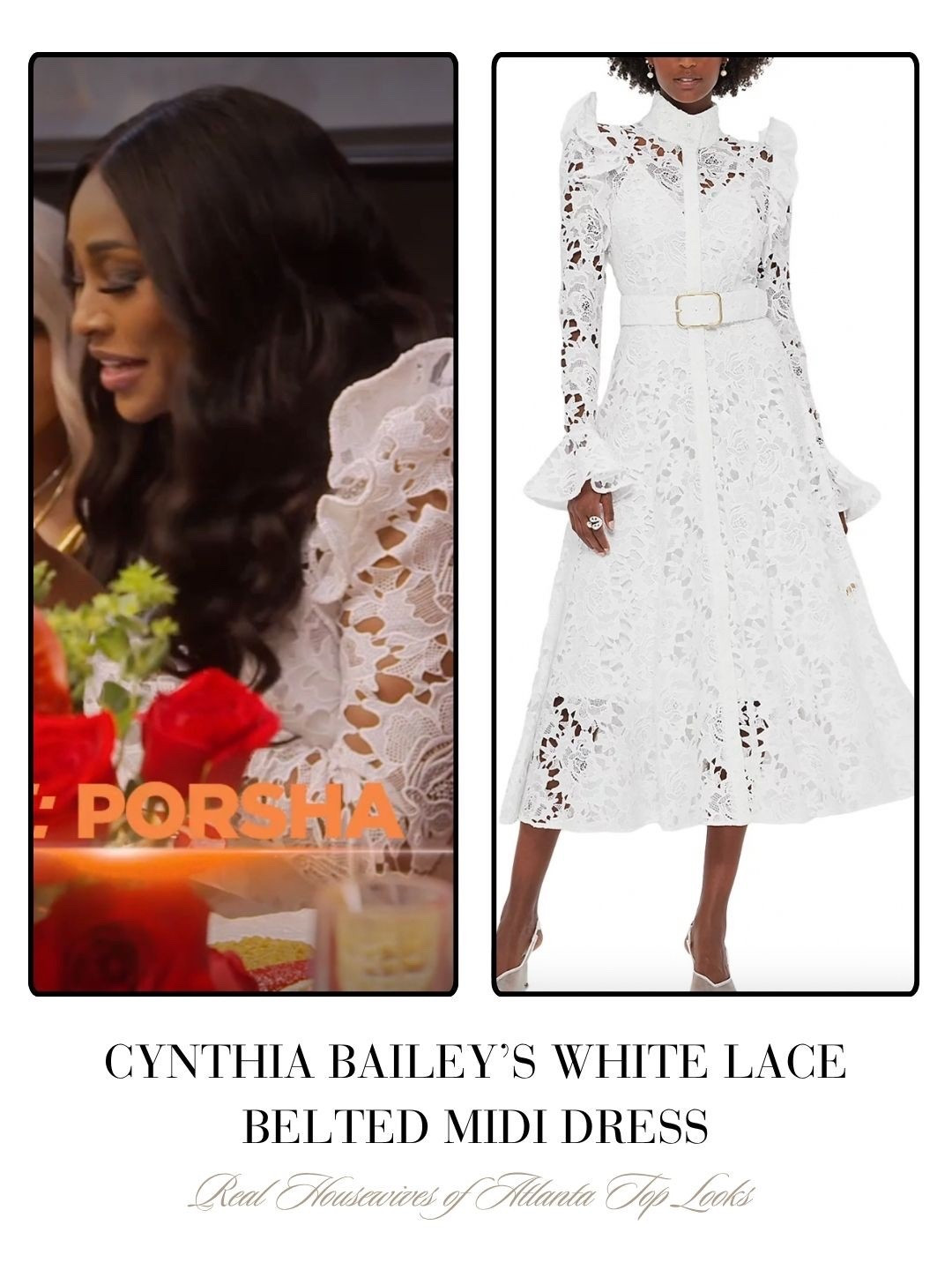 Cynthia Bailey’s White Lace Belted Midi Dress 