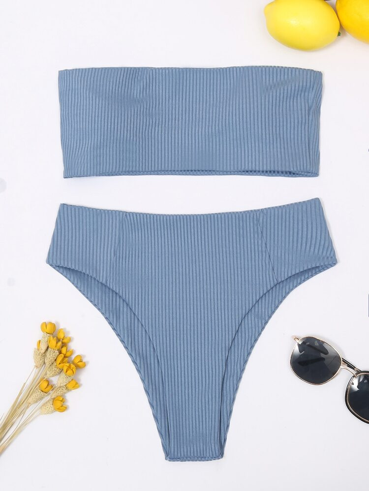 Rib Bandeau High Waisted Bikini Swimsuit | SHEIN