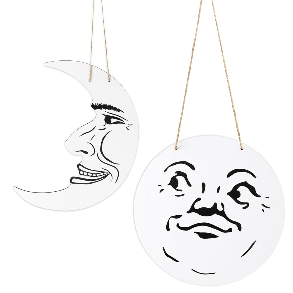 L1rabe 2Pcs Halloween Vintage Door Sign - 12x12 Inch Man In The Moon Face Wall Decor with Spooky ... | Amazon (US)
