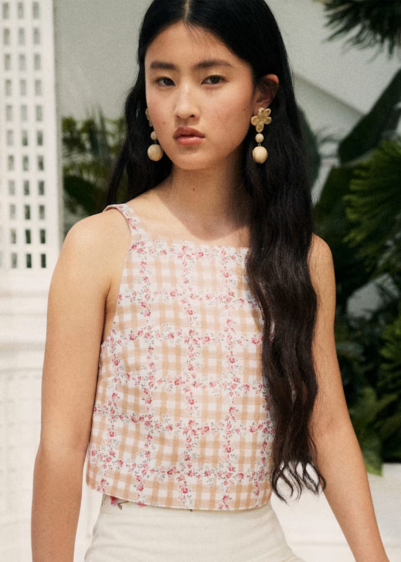 Livio Top - Sézane x Andion - Beige Gingham and Floral Print - Linen - Sézane | Sezane Paris - US