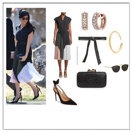 Meghan Markle club Monaco colorblock shirtdress/Miu Miu belt/kayu clutch/shaun leane diamond cuff/Aquazzura heels 

#weddingguest #wedding #weddingguestdress