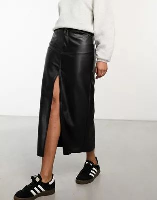 Pull&Bear faux leather split front midi skirt in black | ASOS (Global)