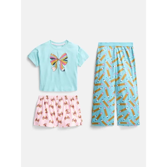 Wonder Nation Girls Graphic Tee with Shorts and Pants Pajama Set, 3 Piece, Sizes 4-18 | Walmart (US)