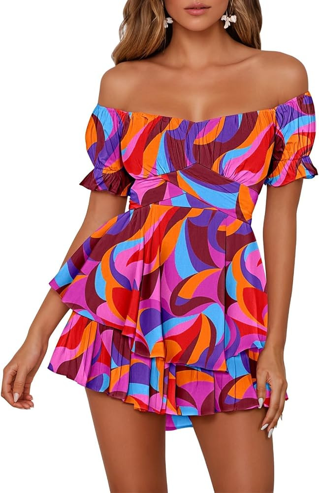 Fixmatti Women's Color Block Romper Off The Shoulder Short Sleeve Ruffle Jumpsuits Playsuit | Amazon (US)
