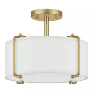 Home Decorators Collection Brookley 14 in. 2-Light Brushed Gold Semi-Flush Mount with White Fabri... | The Home Depot