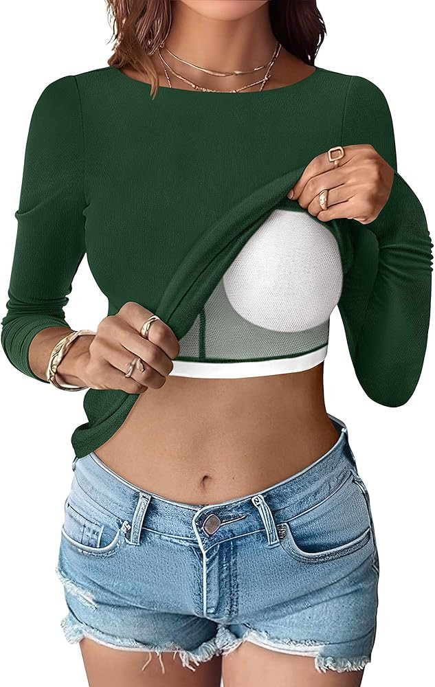 ANRABESS Womens Thermal Shirts Built-in Bra Long Sleeve Tops Boat Neck Fleece Slim Fitted Basic T... | Amazon (US)