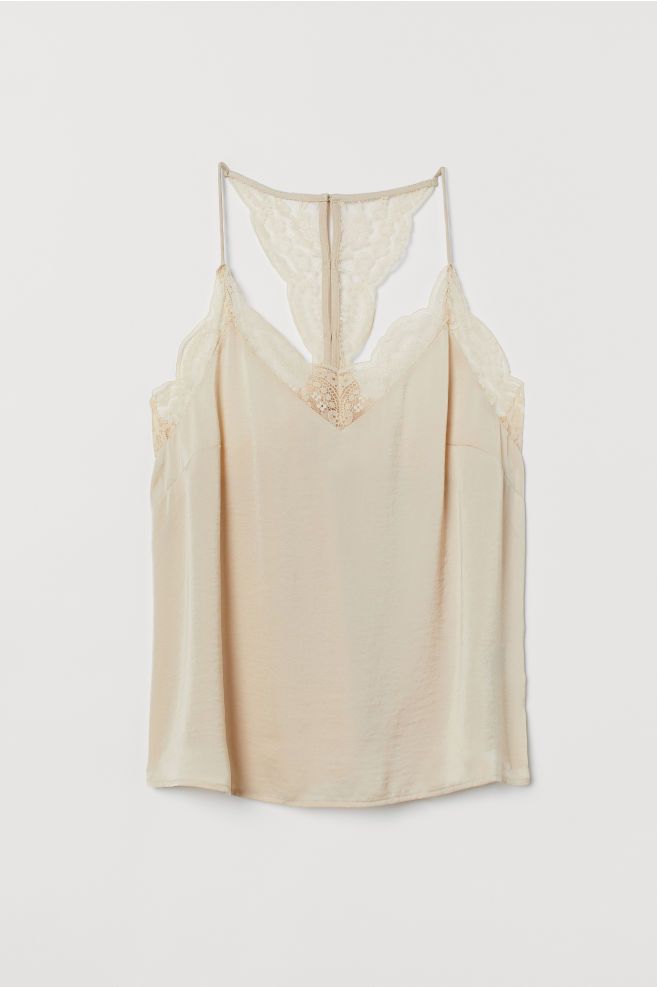 V-neck top in cool satin. Lace at top, extra-narrow shoulder straps, and racer back in lace with ... | H&M (US + CA)