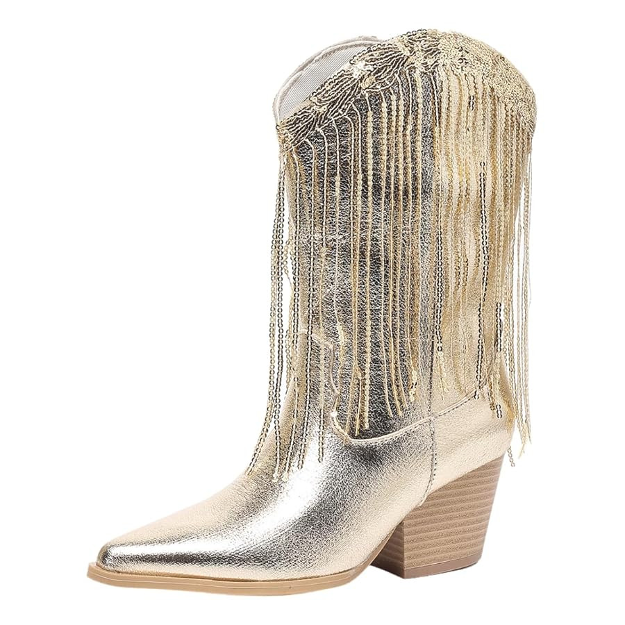 Women's Sparkle Gold Cowboy Boots - Sequin Pointy Toe Stiletto Heel with Fringe, Glitter Western ... | Amazon (US)
