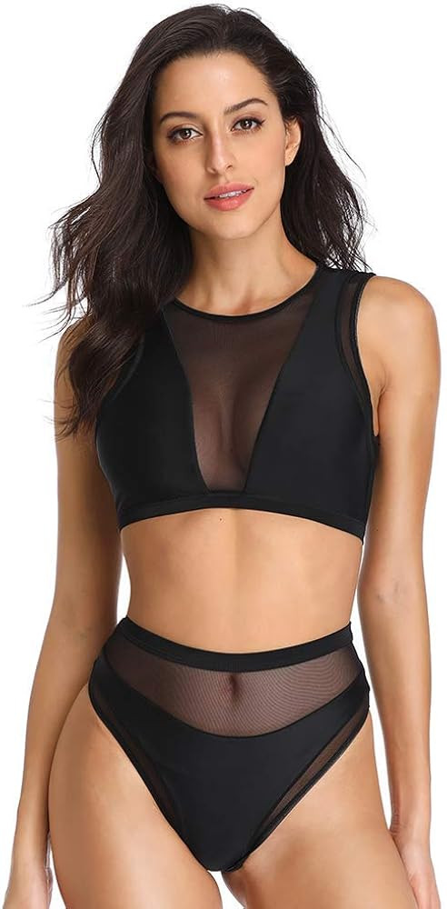 Dixperfect Women's Mesh Bikini Sets High Waisted Beach Swimwear Crop Top Bathing Suit | Amazon (US)