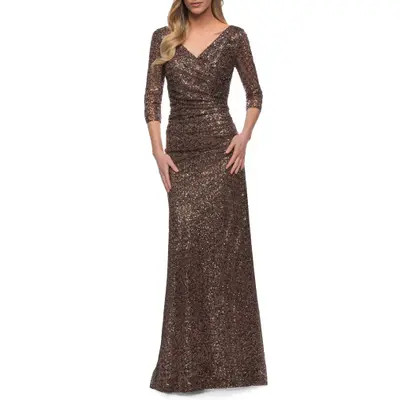 La Femme Three-Quarter Sleeve Sequin Dress with Ruching in Bronze at Nordstrom, Size 18 | Nordstrom