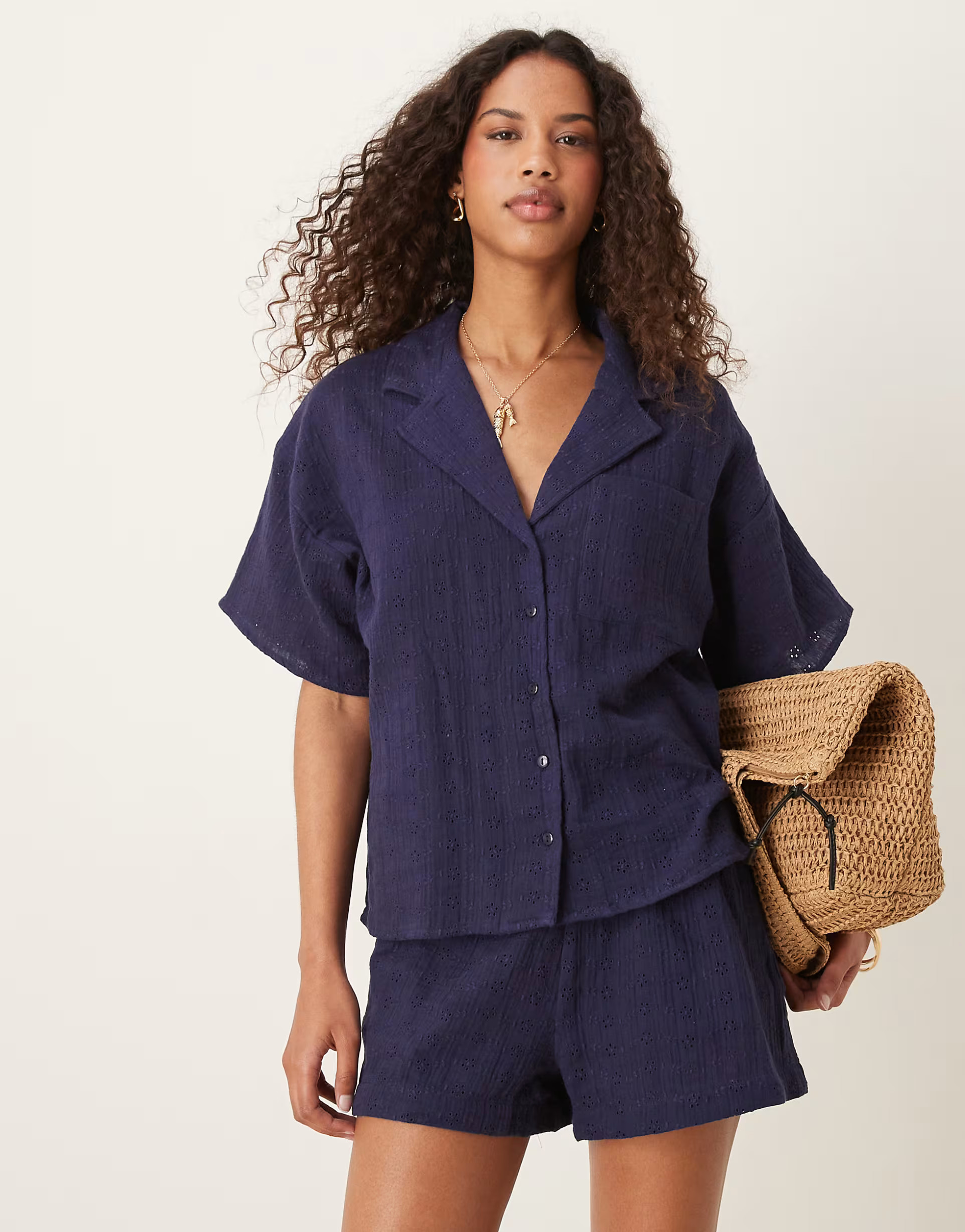 ASOS DESIGN broderie shirred waist co-ord short in navy | ASOS (Global)