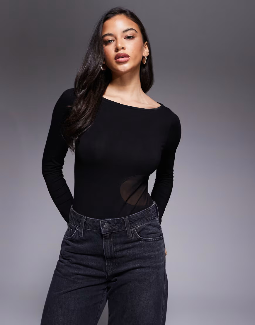 ASOS DESIGN long sleeve bodysuit with mesh panel in black | ASOS (Global)