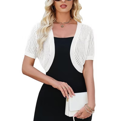 Womens Lightweight Shrugs Short Sleeve Open Front Cropped Cardigan Crochet Knit Sweater,White - M | Target