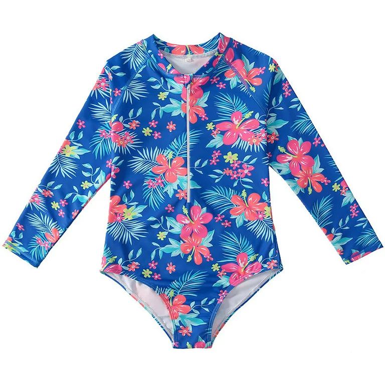 Kids Girls Tropical Flower One Piece Swimsuits Swimwear Long Sleeve Rash Guard Zipper Front Bathi... | Walmart (US)
