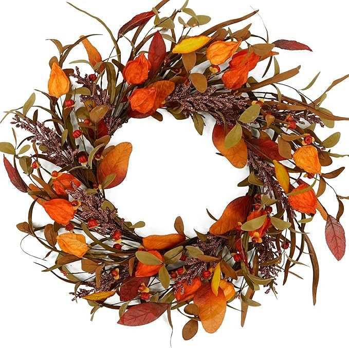 Artificial Fall Wreath Autumn Door Wreath with Cape Gooseberry,Eucalyptus Leaf,Magnolia Leaf,Grai... | Amazon (US)