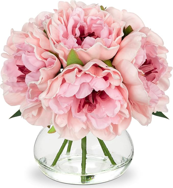 Hollyone Light Pink Peonies Artificial Flowers with Vase Faux Flowers Peony Fake Flowers Silk Flo... | Amazon (US)