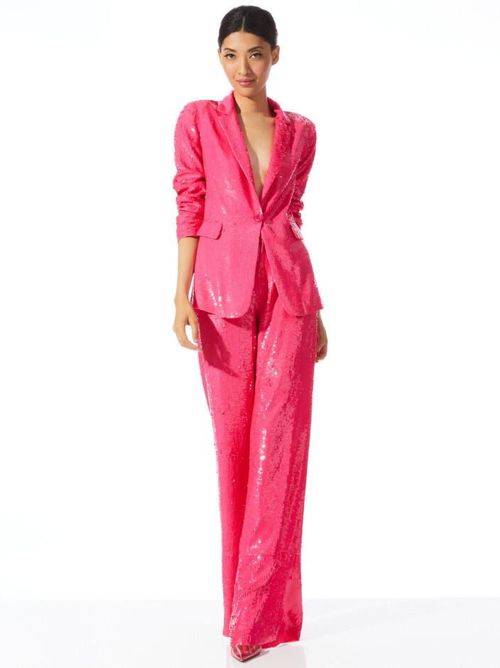 MACEY SEQUIN NOTCH COLLAR BLAZER + DYLAN HIGH WAISTED SEQUIN PANT | Alice + Olivia