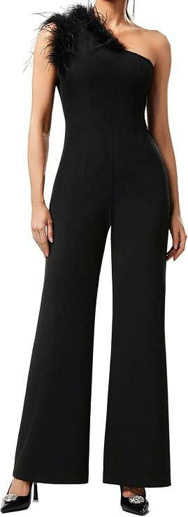 BELLA BARNETT Black One Shoulder Sleeveless Feather One Piece Jumpsuits For Women Trendy Solid Co... | Amazon (US)
