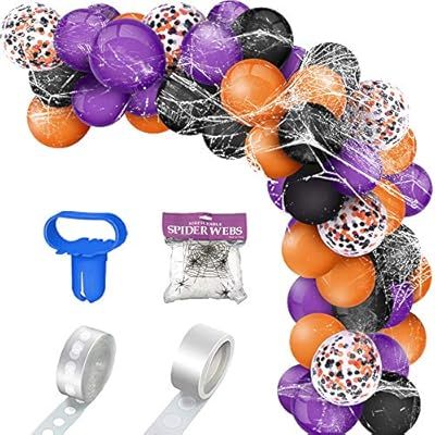 Halloween Balloon Garland Kit 114 pcs Black Purple Orange Balloons 16ft Balloon Arch Kits with Sp... | Amazon (US)