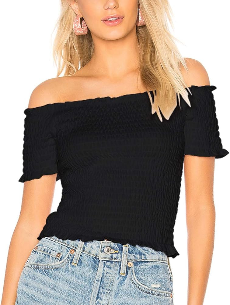 ALLY-MAGIC Womens Stretchy Off Shoulder Ruffle Crop Top Short Sleeves T Shirt C6828 (S, Black) at... | Amazon (US)