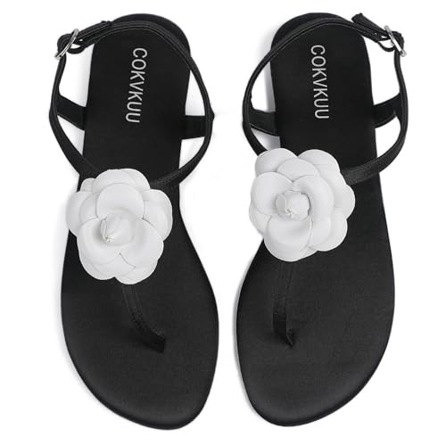 Cokvkuu Women's Black Satin Floral Flat Sandals, Herringbone T-Strap White Floral Sandals, Fashionable and Comfortable Satin Sandals for Casual Beach Party Shopping | Amazon (US)