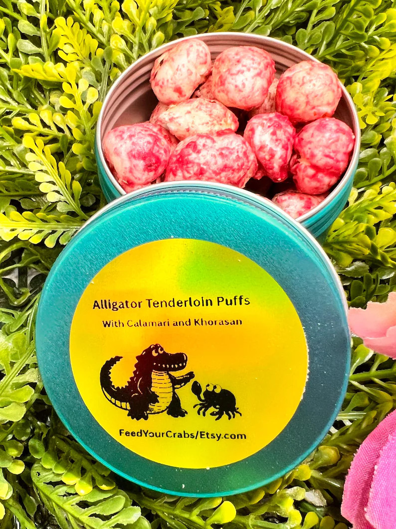 Alligator tenderloin Puffs with Calamari and Khorasan wheat, marine carotenoid, coconut | Etsy (Global)
