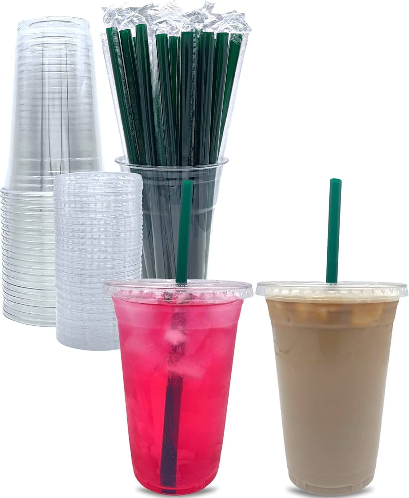 [100 Sets] 24 oz Clear Plastic Cups with Lids and STRAWS, Disposable Party Cups for To Go Iced Co... | Amazon (US)
