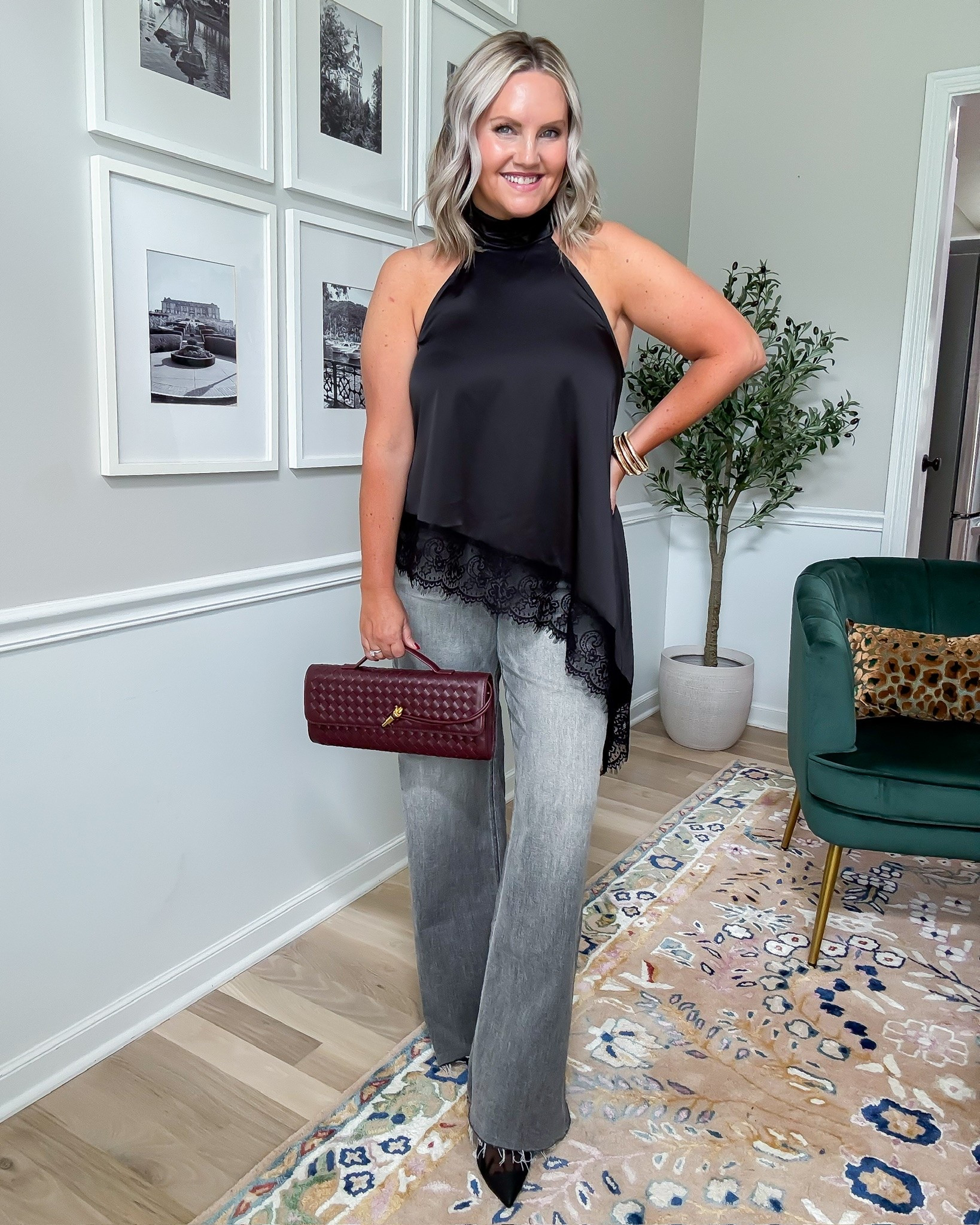 This black satin top is gorgeous for fall 🖤 I love the high neckline, flowy asymmetrical fit, and lace trim peeking out at the hem. Paired with gray denim and pointed toe heels, it’s such a good dinner or date night look.

black satin top, lace trim top, fall date night outfit, asymmetrical top, gray denim, dressy casual outfit, black fall outfit, going out top, fall dinner outfit, fall fashion, lovelylifestyling

#LTKootd #LTKOver40 #LTKSeasonal