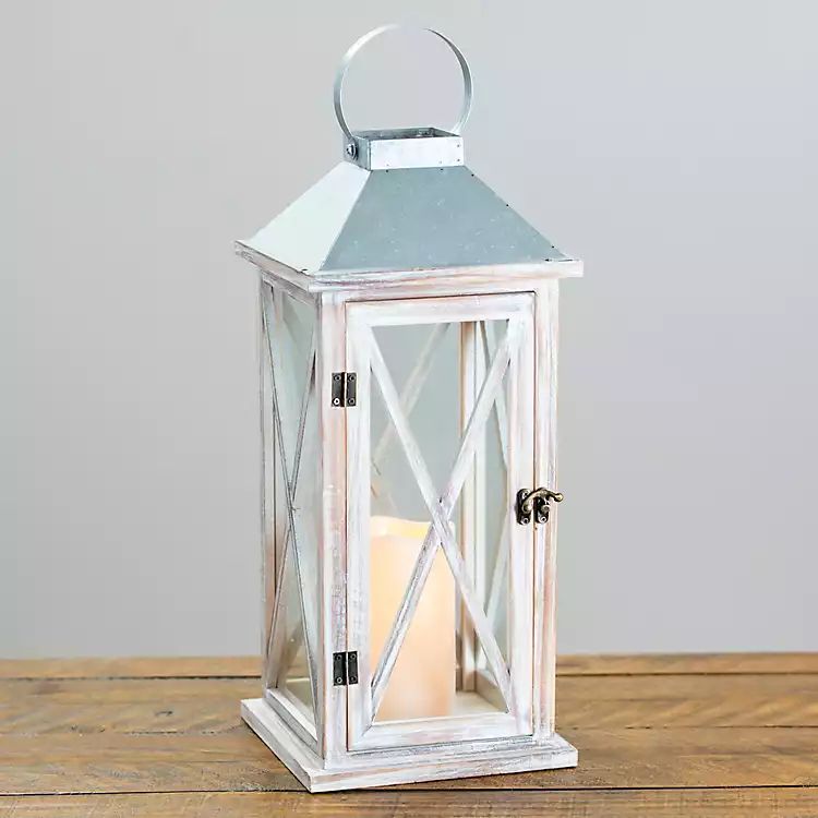 Large White Wood and Galvanized Metal LED Lantern | Kirkland's Home
