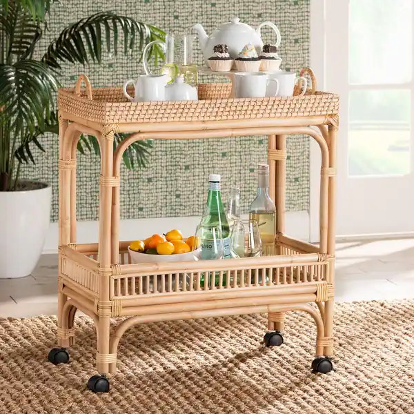 bali & pari Lombok Modern Bohemian Natural Brown Rattan Wine Cart | Bed Bath & Beyond