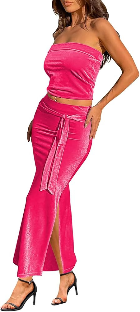 Pink Queen 2 Piece Outfits For Women Elegant Velvet Strapless Cropped Top And Bodycon Slit Long S... | Amazon (US)