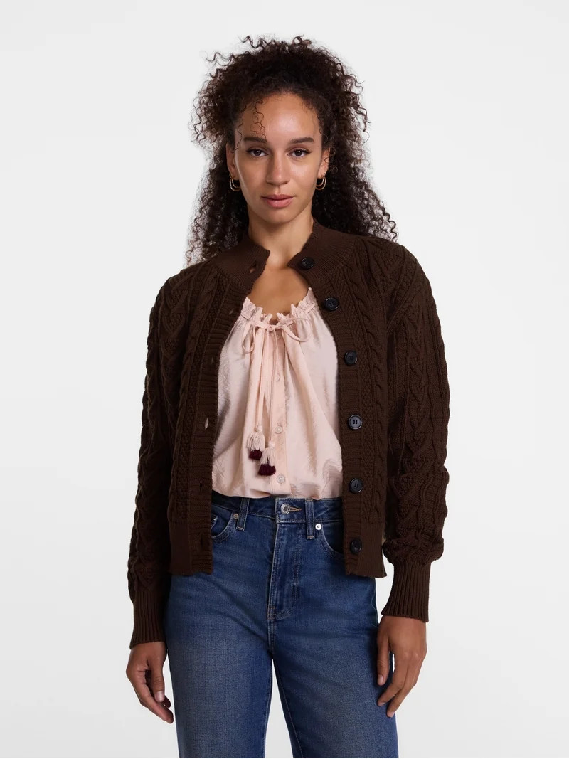 Scenario Woman's Cable Cardigan Sweater with Long Sleeves, Mid-weight, Sizes XS-XXXL | Walmart (US)